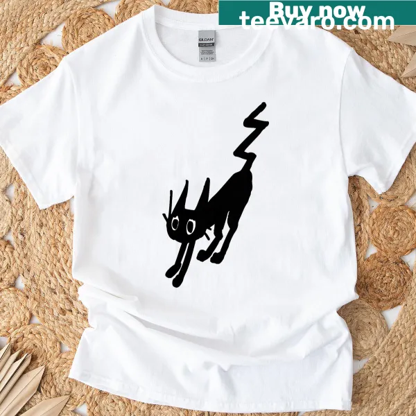 Playful graphic of a pouncing black cat on t-shirt