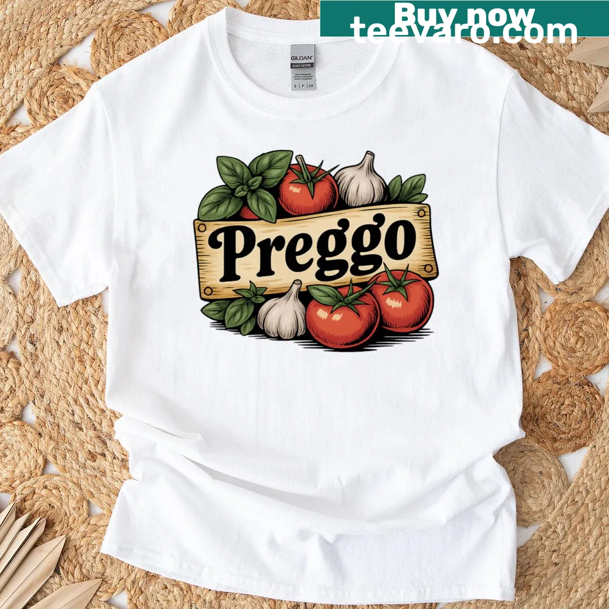 Illustration of Preggo Pasta Sauce with humorously styled text — on a men's t-shirt
