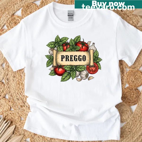 Funny t-shirt with text 'Preggo Sauce' for pregnancy announcement