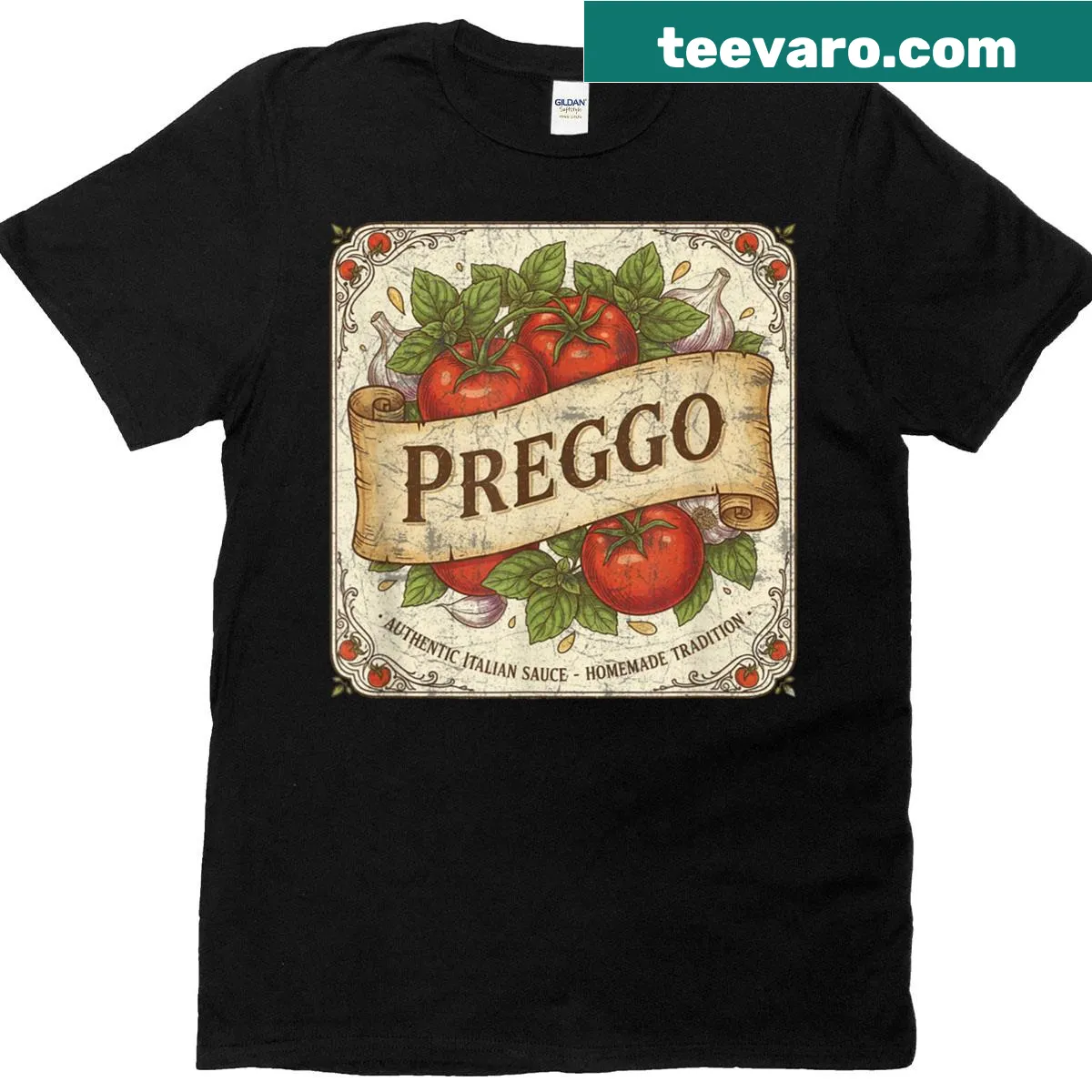 Funny pregnancy announcement T-shirt with 'Preggo Sauce' design — on a men's t-shirt