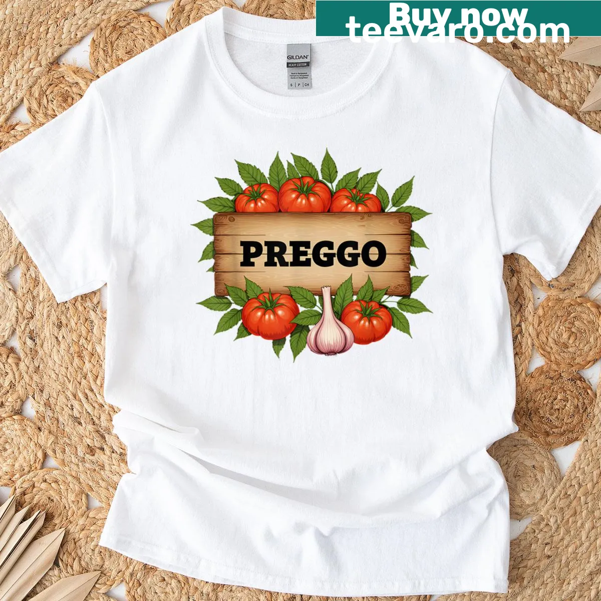 Pregnancy announcement T-shirt featuring playful pasta and sauce illustration — on a men's t-shirt