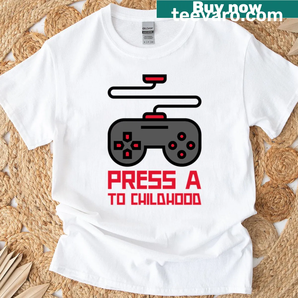 Nostalgic T-shirt with 'Press A To Childhood' gaming design — on a men's t-shirt
