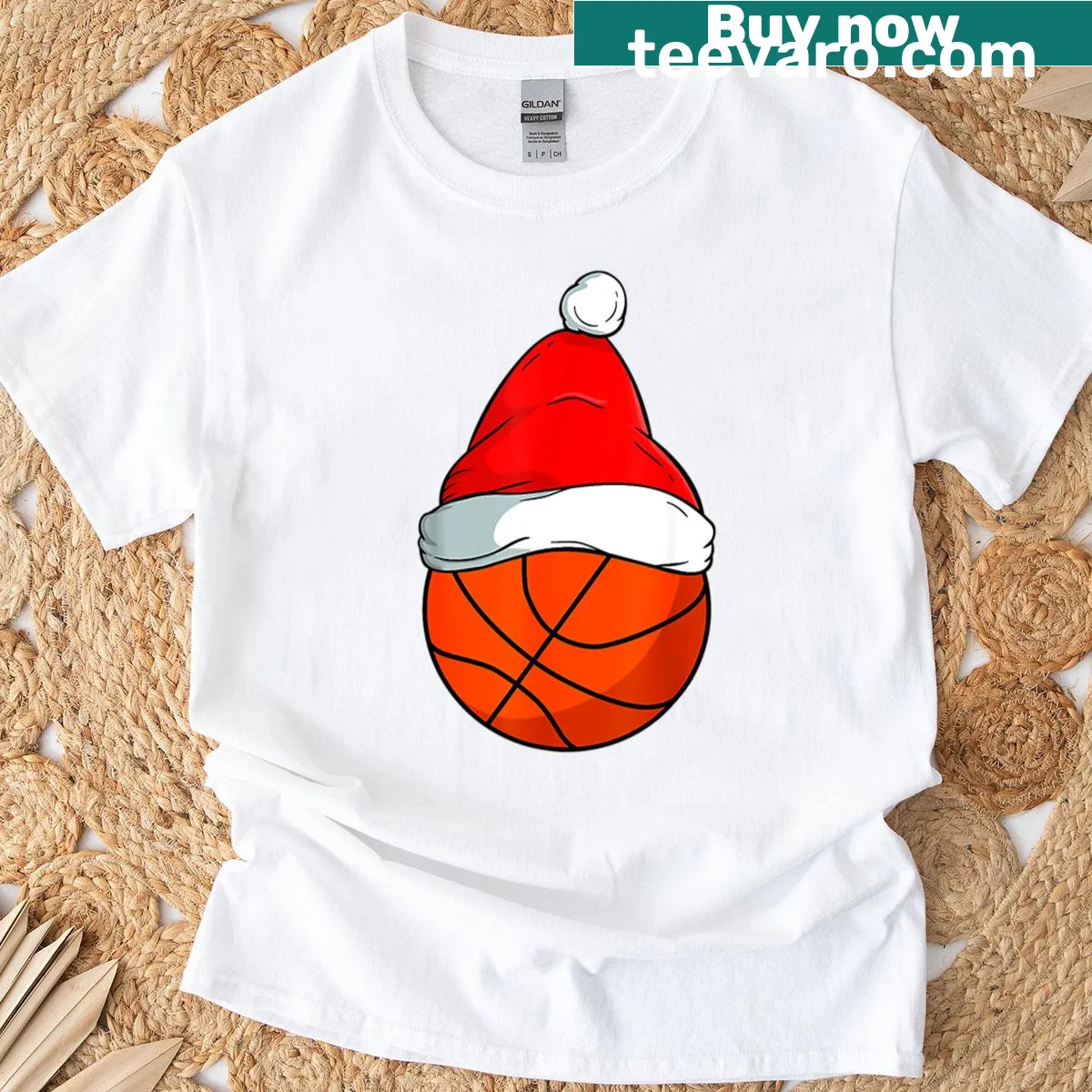 Christmas-themed T-shirt with a basketball Santa hat design — on a men's t-shirt