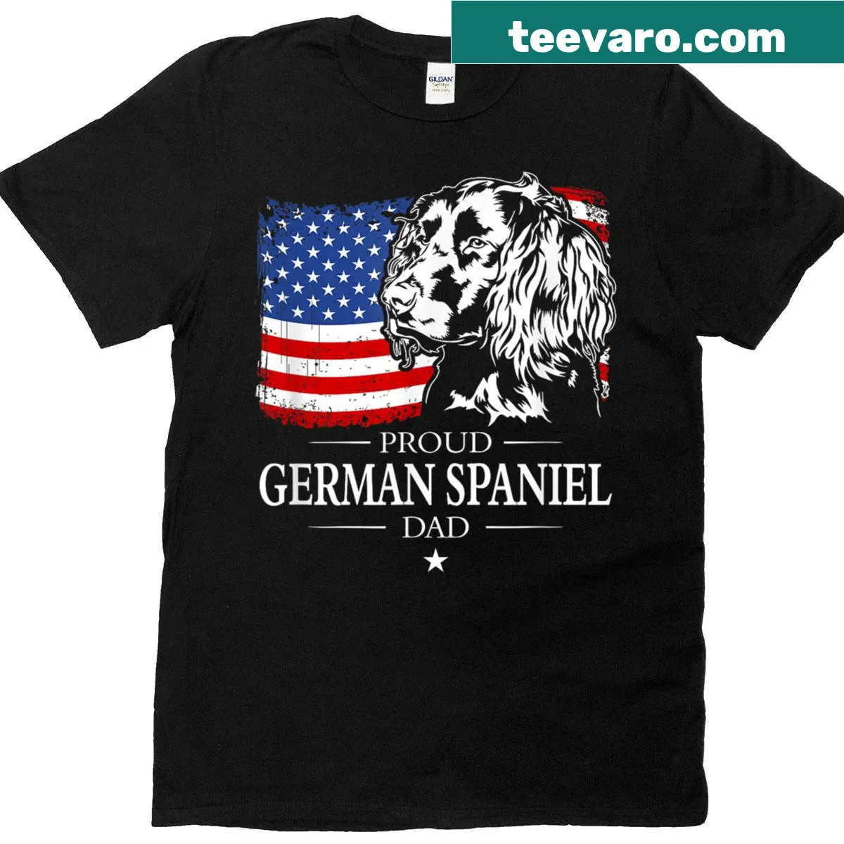 Patriotic t-shirt featuring a German Spaniel and American flag — on a men's t-shirt