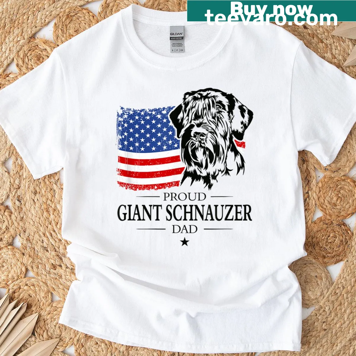 Patriotic T-shirt featuring a Giant Schnauzer and the American flag — on a men's t-shirt