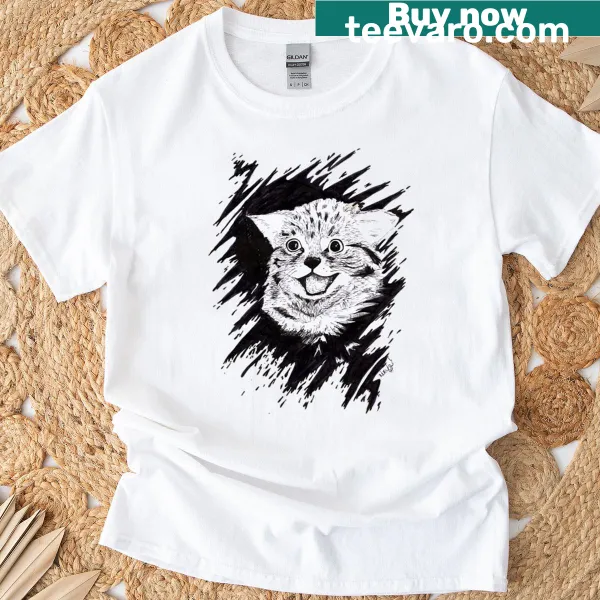 Ink sketch of a happy cat on a T-shirt