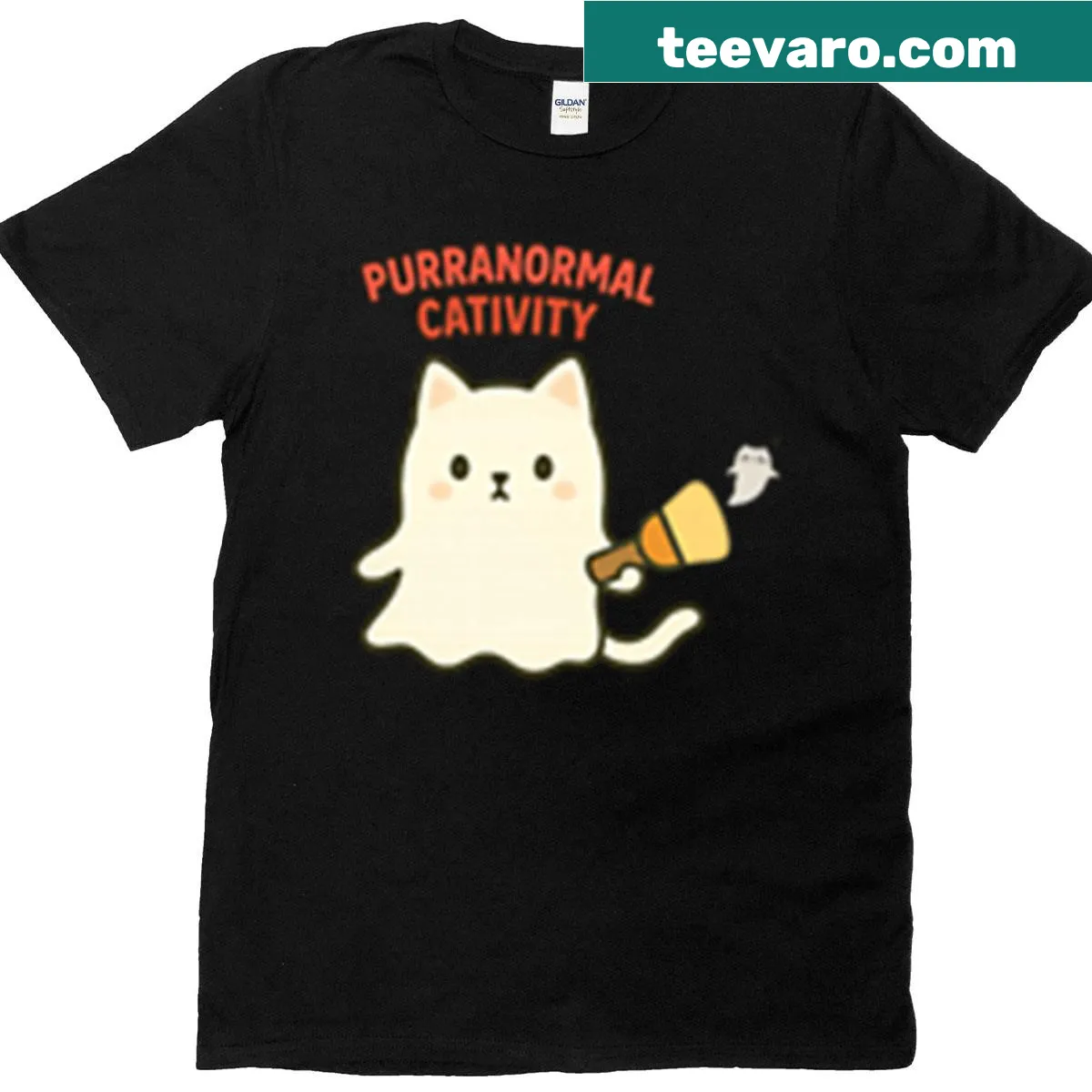 Humorous Halloween t-shirt with 'Purranormal Cativity' text and spooky cat graphic. — on a men's t-shirt