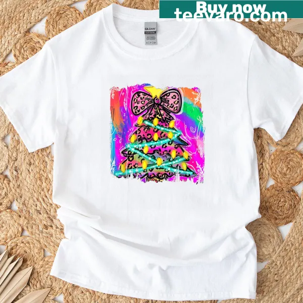 Whimsical rainbow leopard print with Christmas tree lights design