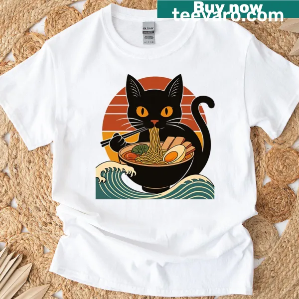 Oversized t-shirt featuring a cat and a bowl of ramen in retro art style