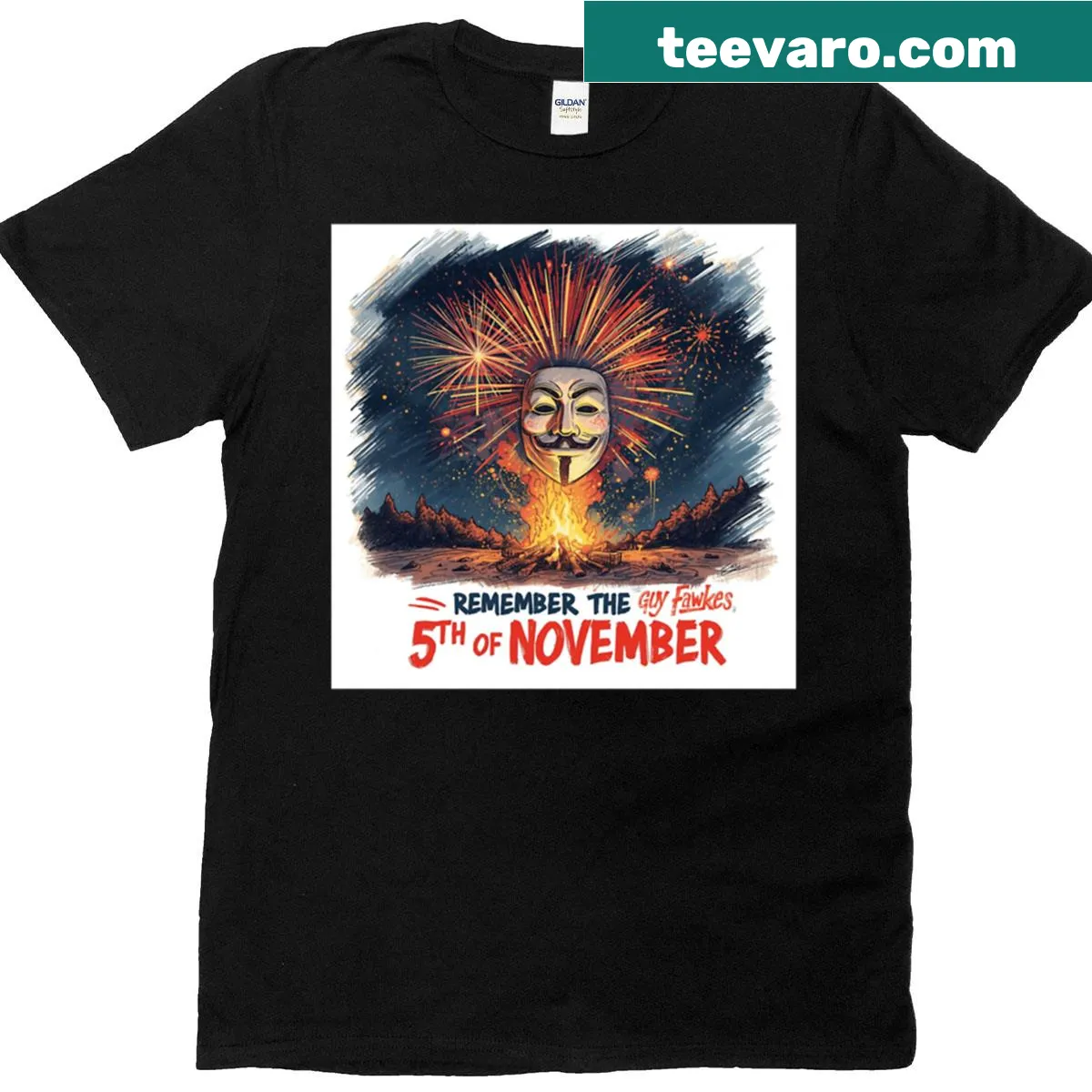 Guy Fawkes mask graphic t-shirt for 5th of November — on a men's t-shirt