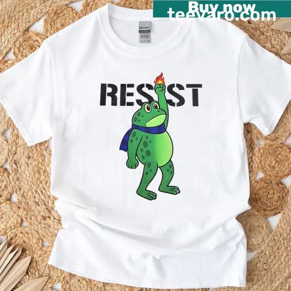 Cartoon frog activism t-shirt with playful design.