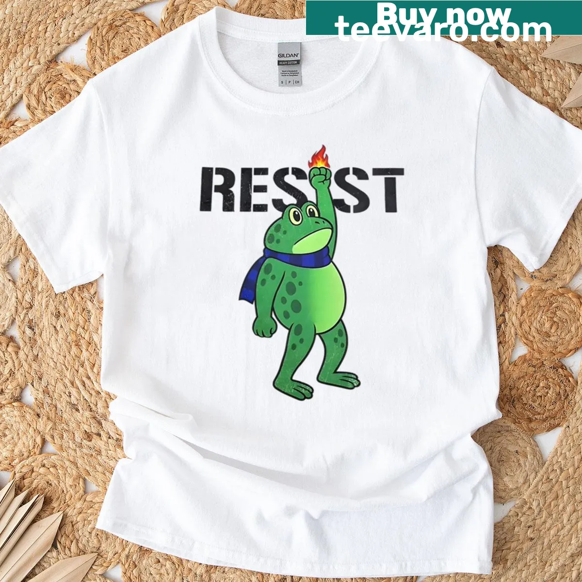 Cartoon frog activism t-shirt with playful design. — on a men's t-shirt