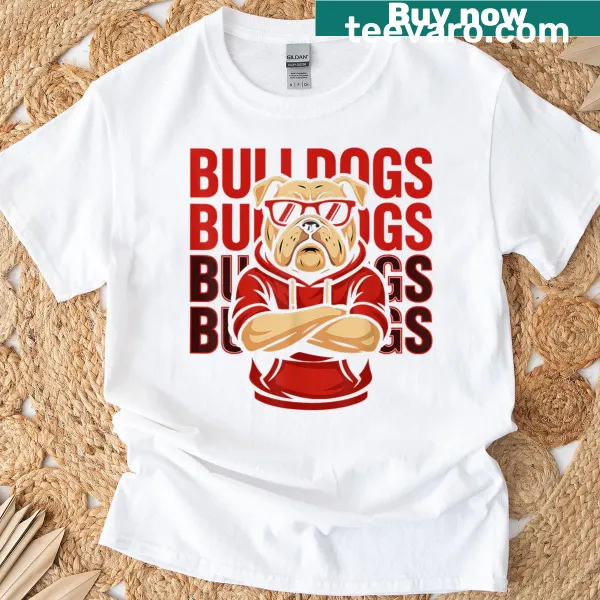 Playful illustrated t-shirt featuring adorable bulldogs