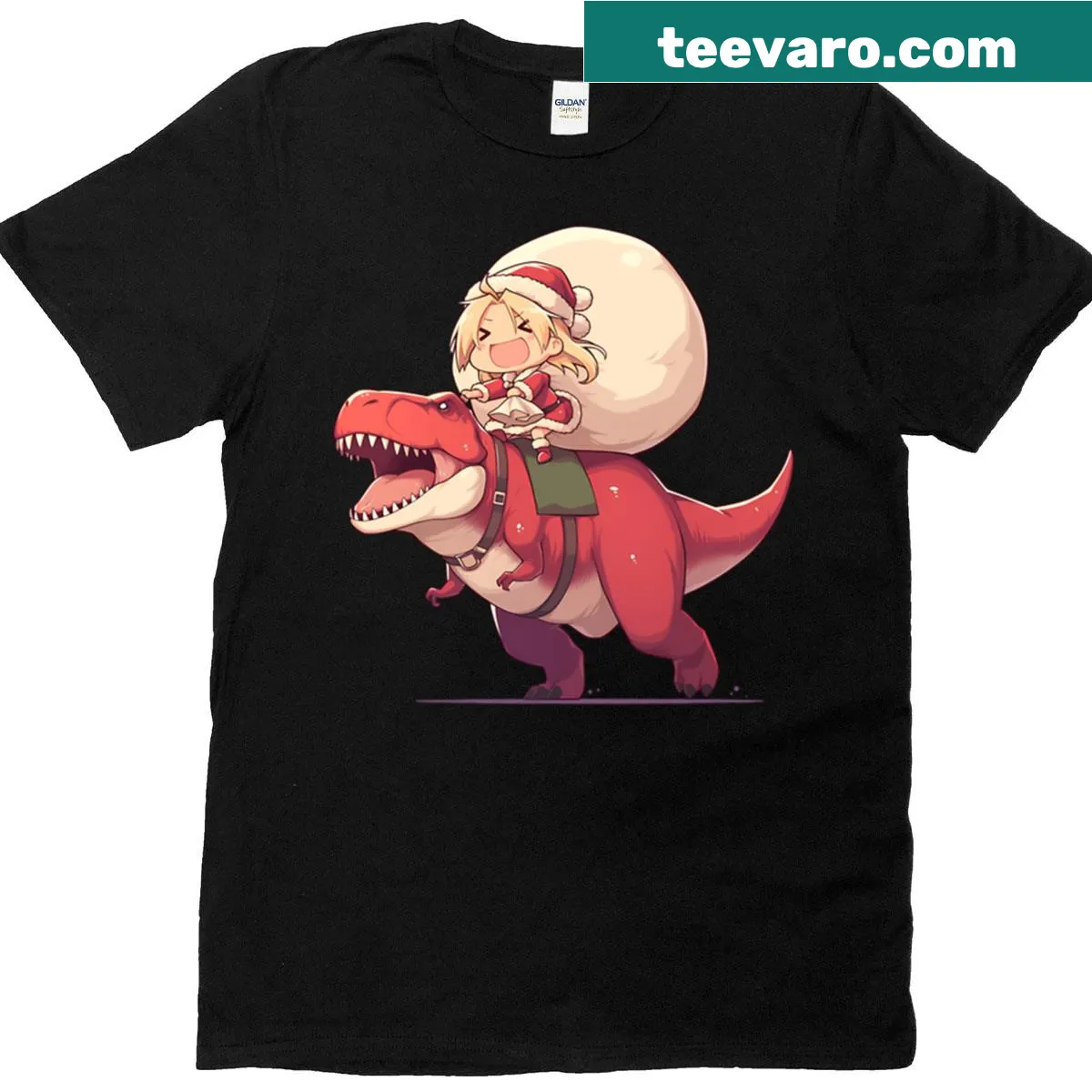 Anime-themed T-shirt with Riza Hawkeye and Santa T-rex. — on a men's t-shirt