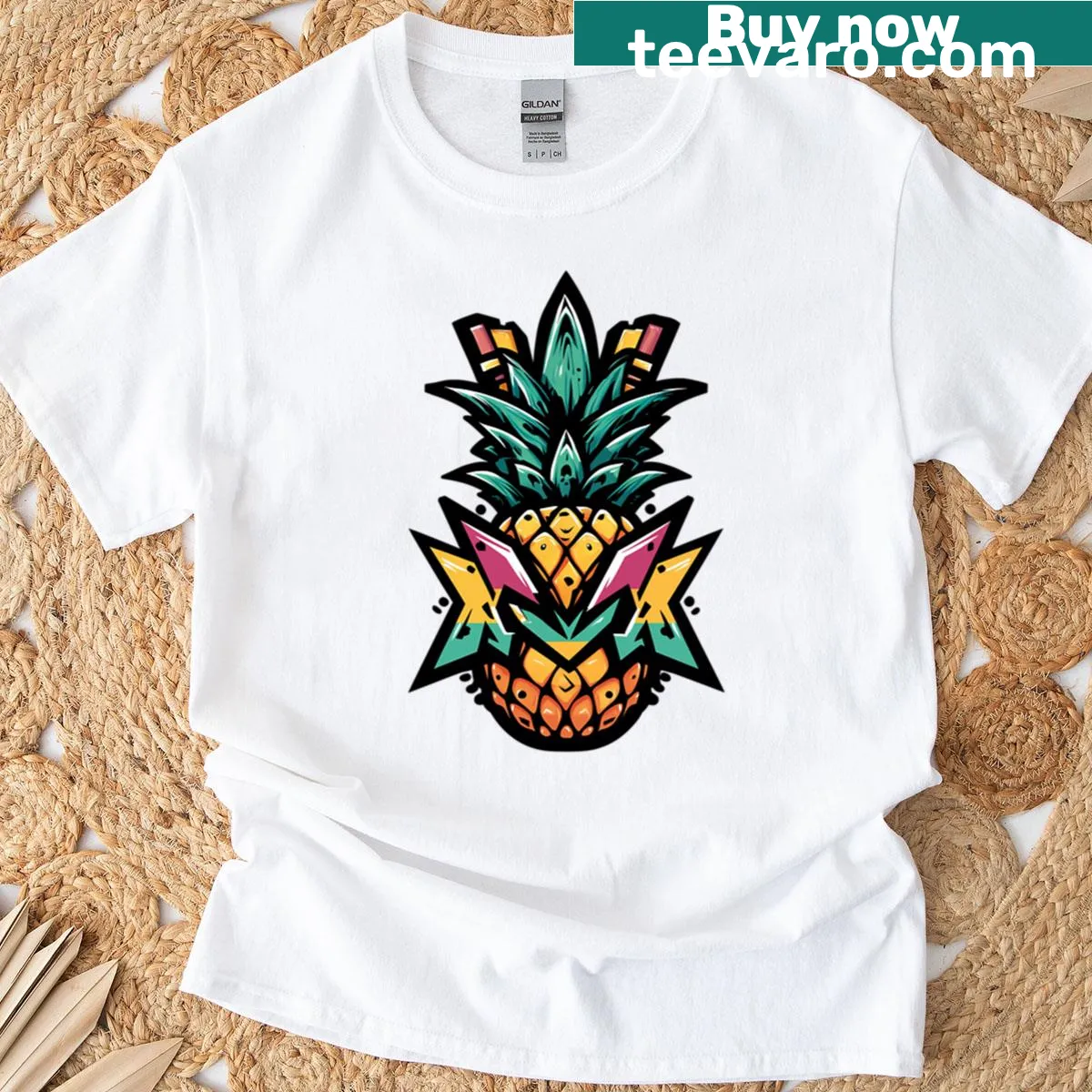 Graphic tee featuring a playful pineapple swinging, embodying fun lifestyle. — on a men's t-shirt