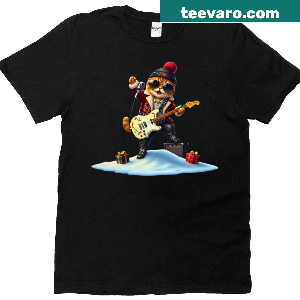 Illustration of a cat dressed as Santa singing and playing guitar — on a men's t-shirt