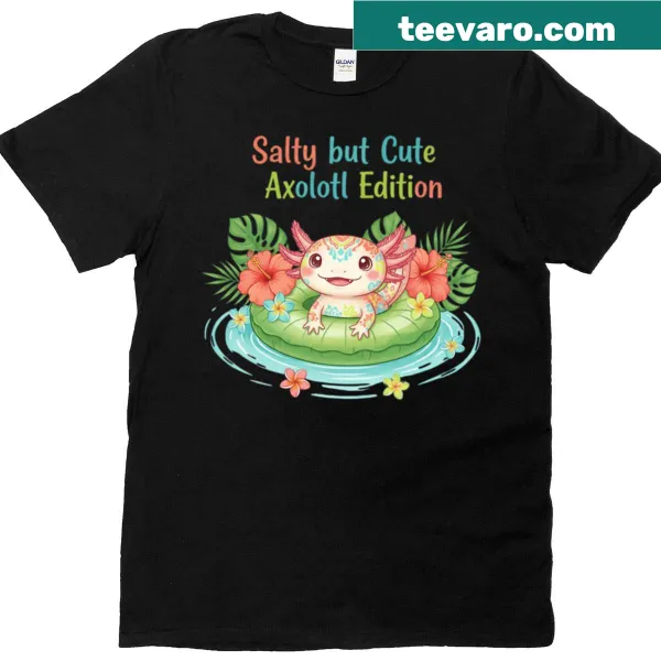 Watercolor design featuring a cute axolotl in a tropical setting.