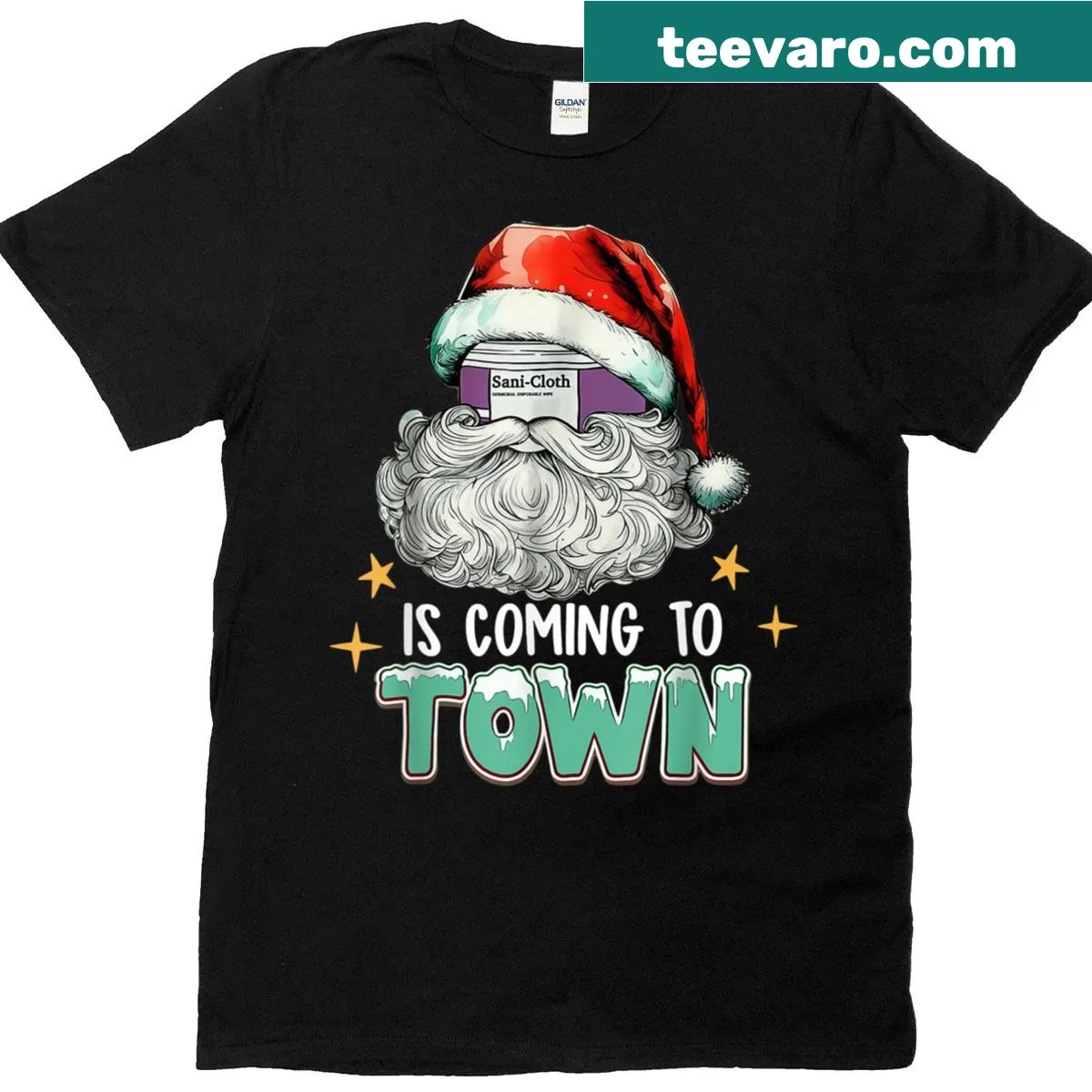 Humorous Christmas T-shirt for nurses with Sani-cloth design — on a men's t-shirt