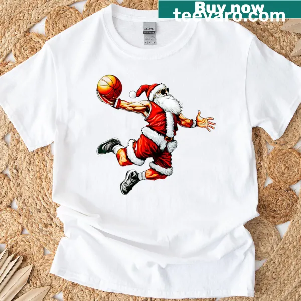Santa dunking a basketball in a festive t-shirt design