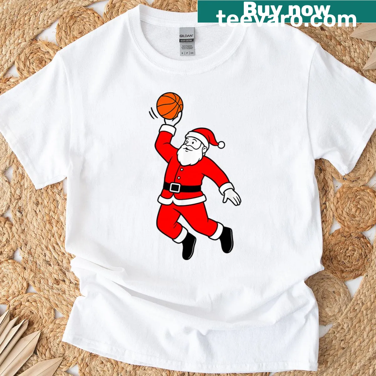 Funny Santa dunking a basketball graphic on a Christmas tee. — on a men's t-shirt