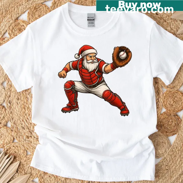 Santa as a baseball catcher in festive attire on a t-shirt