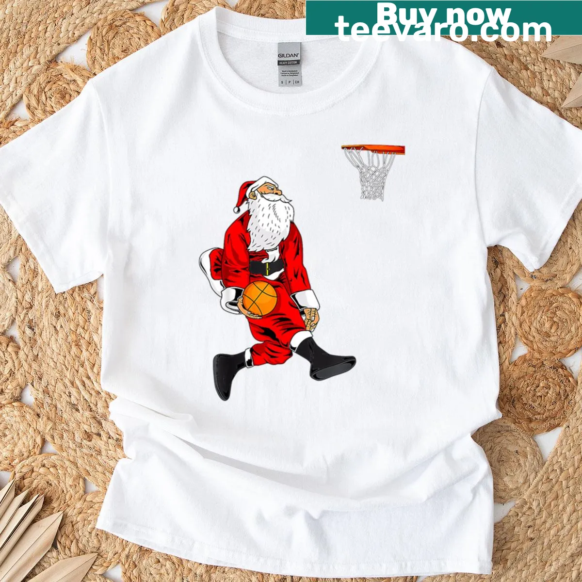 Santa illustrated playing basketball on a Christmas T-shirt — on a men's t-shirt