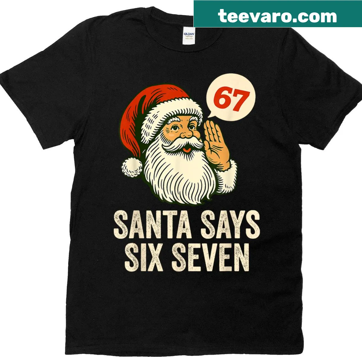 Vintage Santa T-shirt featuring 'Santa Says Six Seven 6 7' meme — on a men's t-shirt