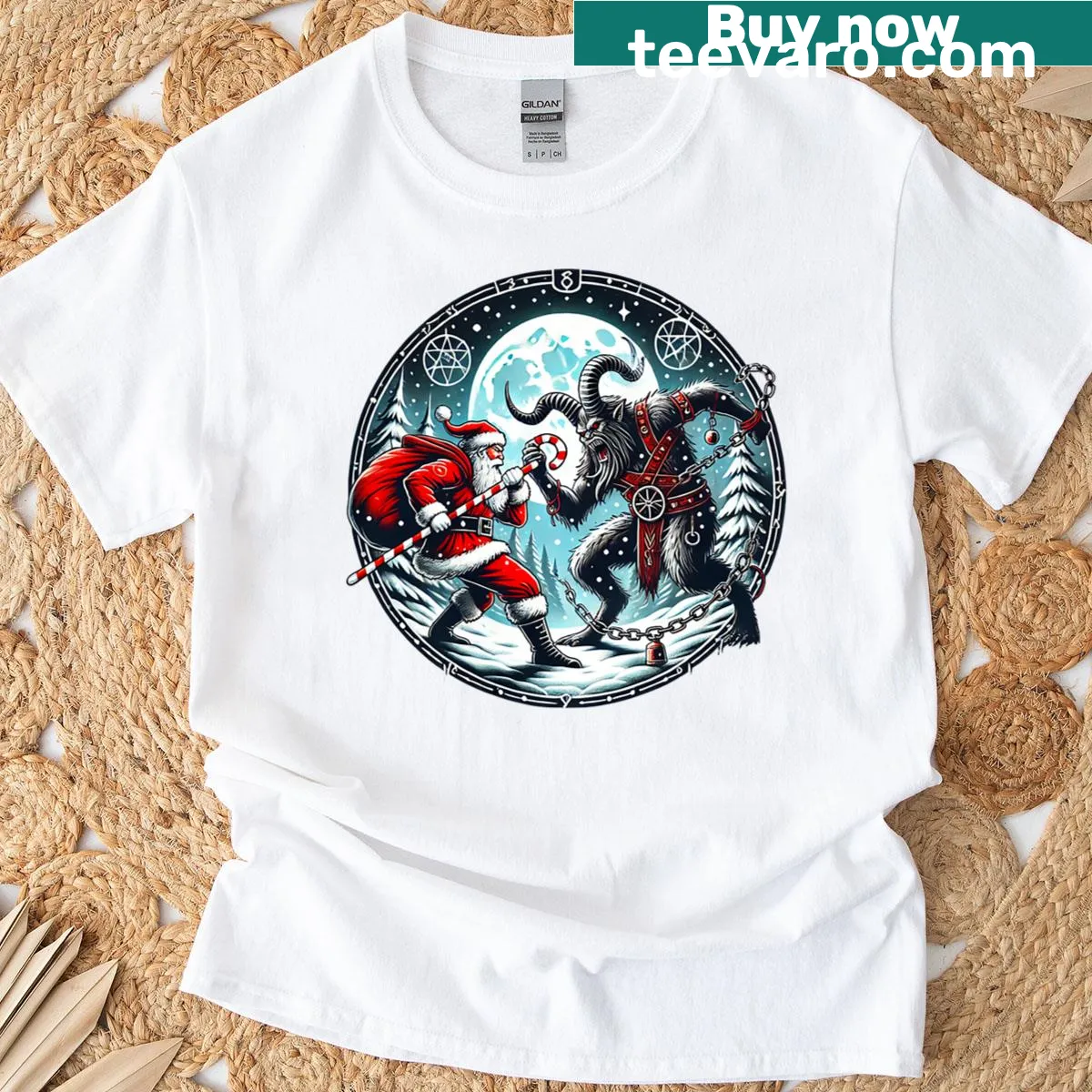 Illustration of Santa facing Krampus on a T-shirt — on a men's t-shirt