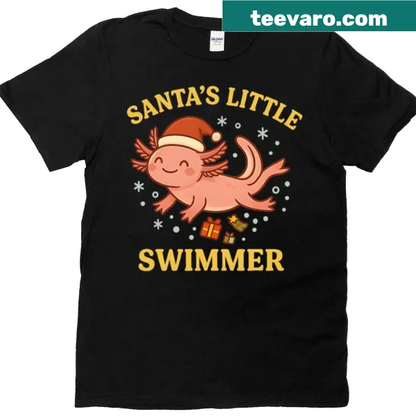 Oversized T-shirt with cute axolotl in a Santa hat and Christmas elements