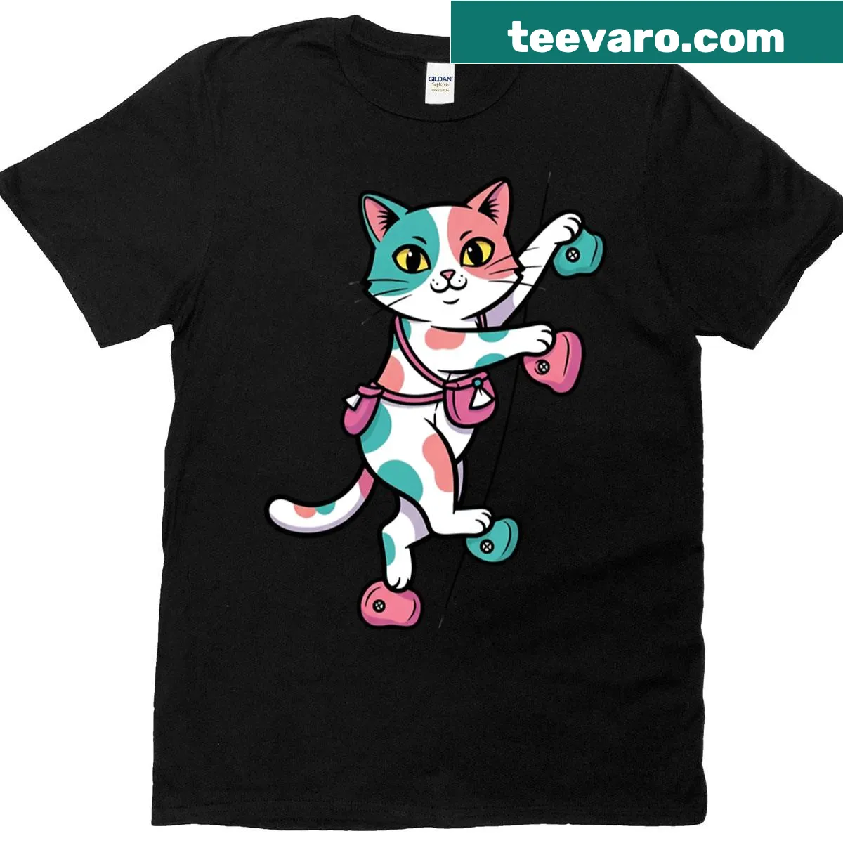 Funny climbing cat t-shirt with sassy design for rock climbers — on a men's t-shirt