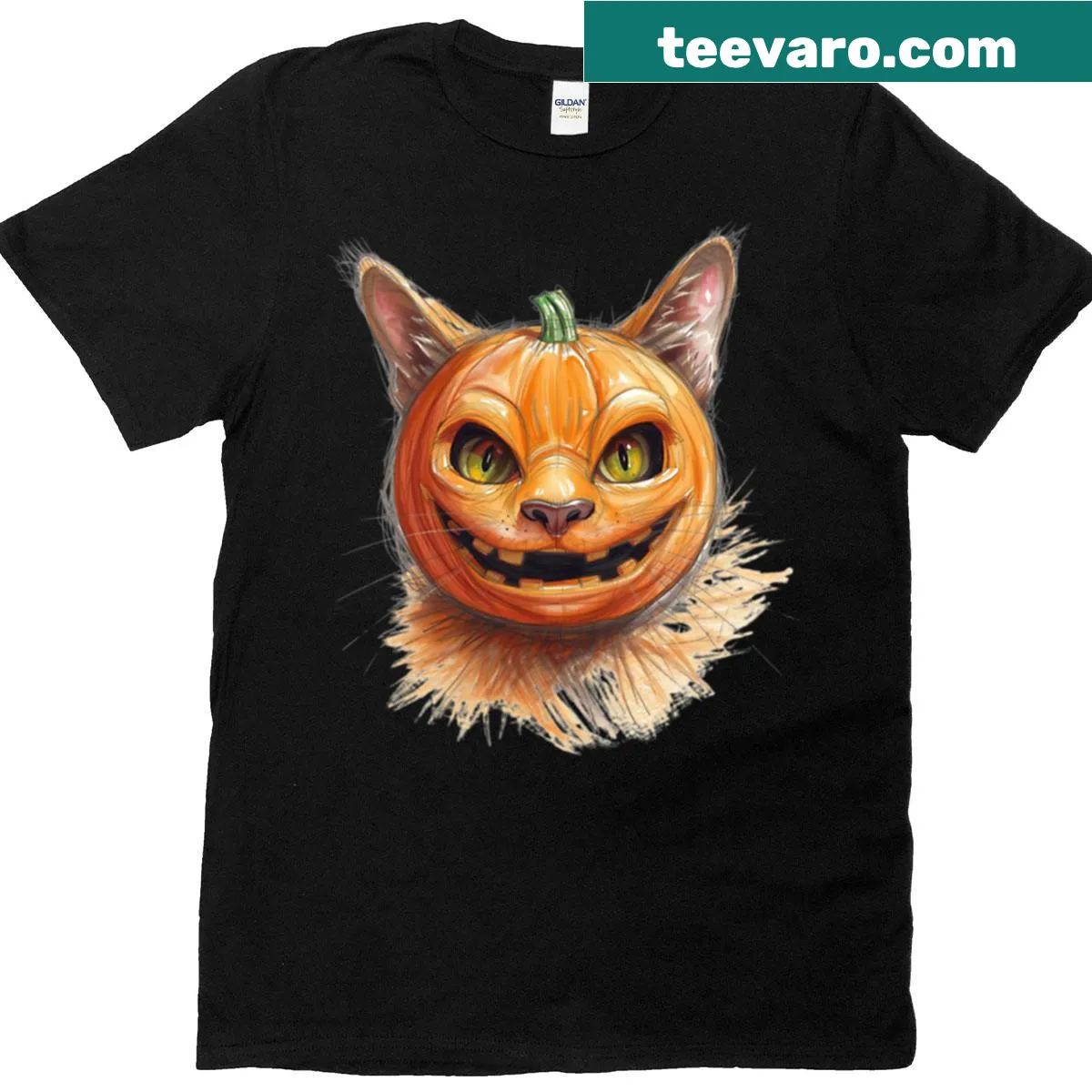 Oversized Halloween t-shirt with a scary cat and pumpkin illustration — on a men's t-shirt