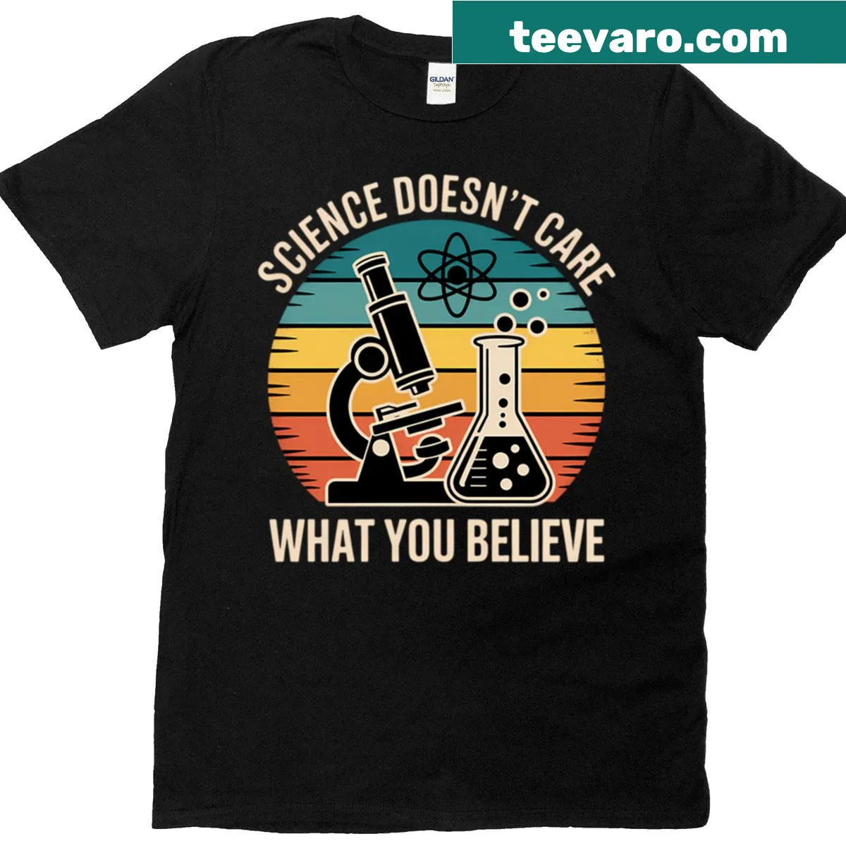 Science teacher T-shirt with the phrase Science Doesn t Care What You Believe. — on a men's t-shirt