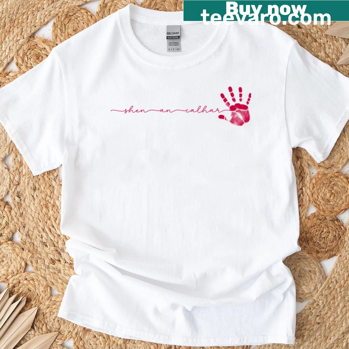Graphic t-shirt inspired by the Band of the Red Hand fantasy series — on a men's t-shirt