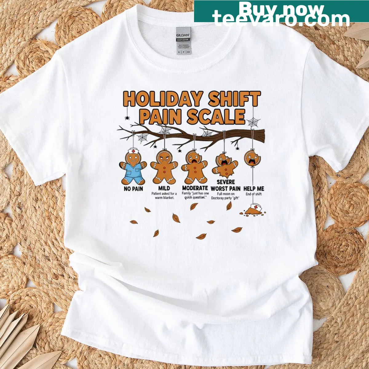 Funny gingerbread RN pain scale t-shirt for nurses — on a men's t-shirt