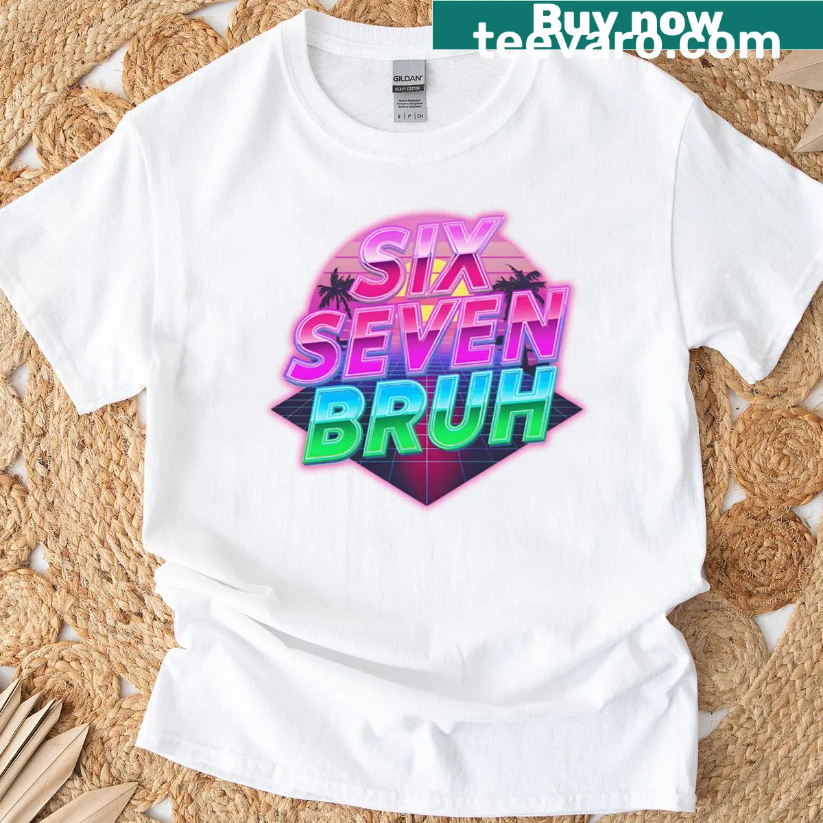 Retro neon synthwave t-shirt featuring the 'Bruh' meme — on a men's t-shirt