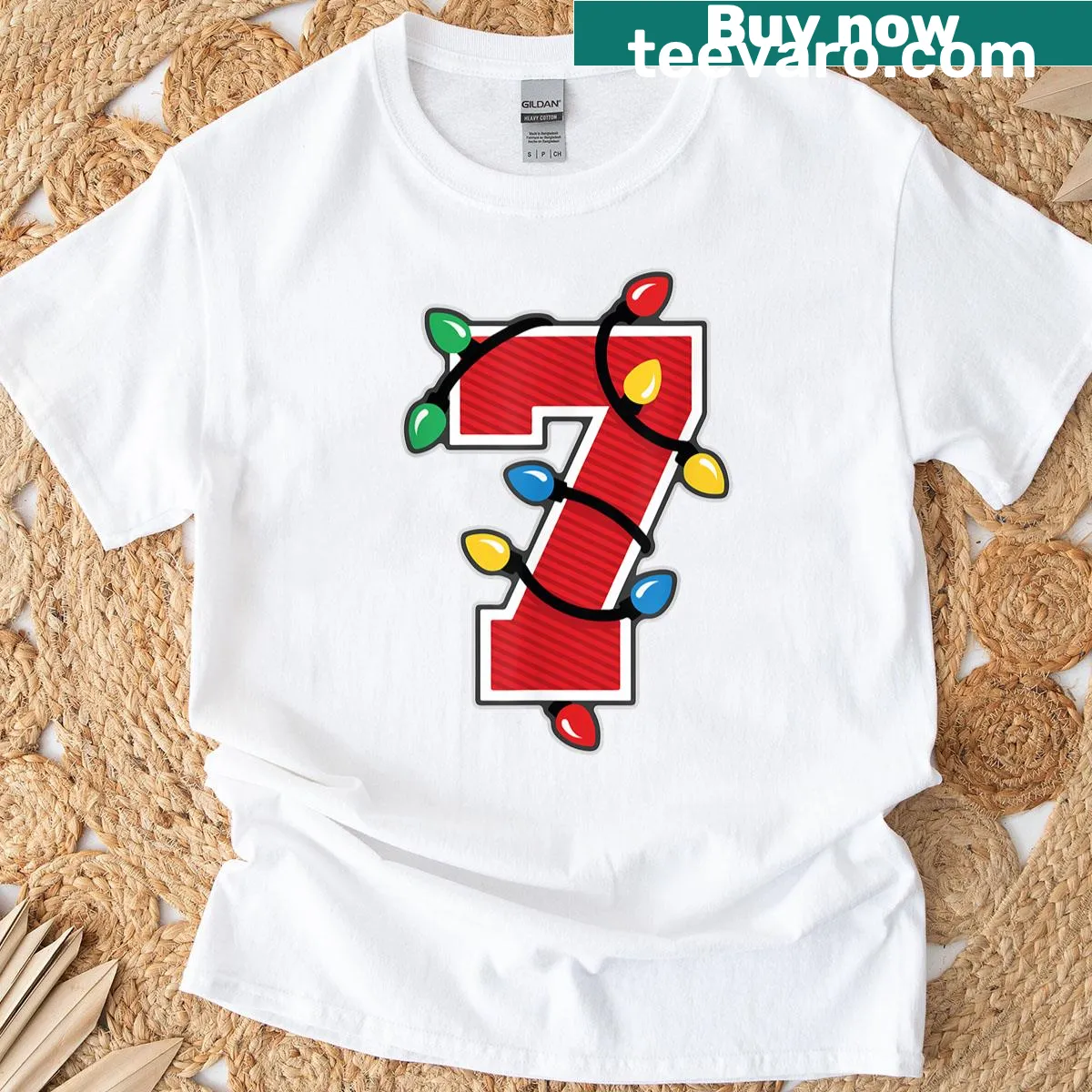 Funny Christmas T-shirt featuring the Six Seven meme with holiday lights — on a men's t-shirt