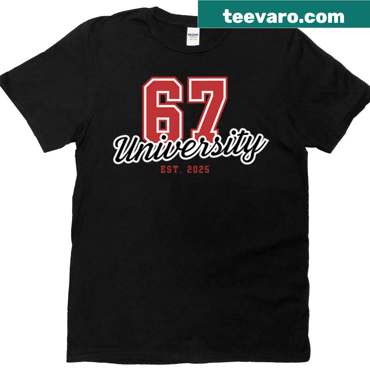 Oversized T-shirt featuring Six Seven University design — on a men's t-shirt