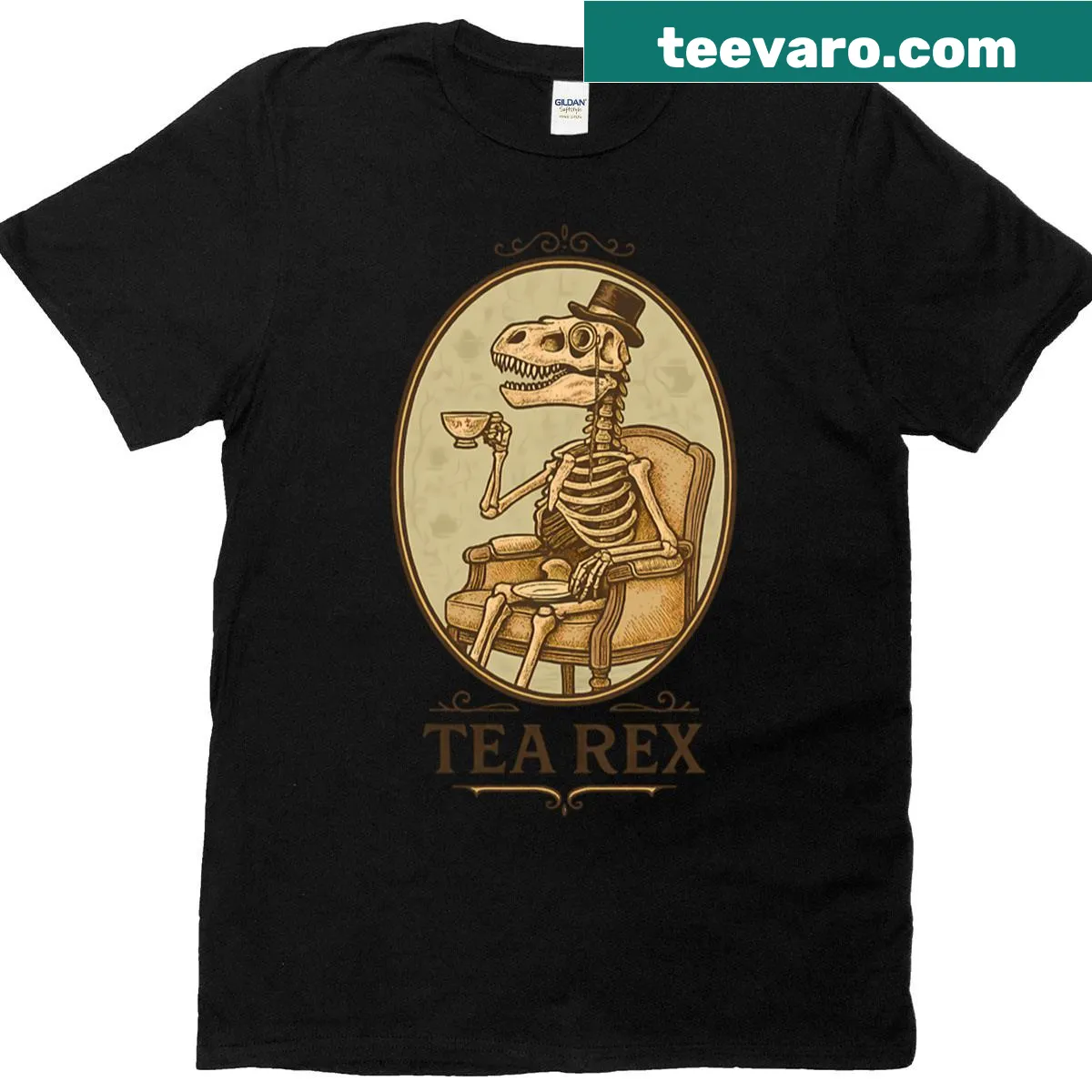 Vintage T-shirt featuring skeleton dinosaurs at a tea party — on a men's t-shirt