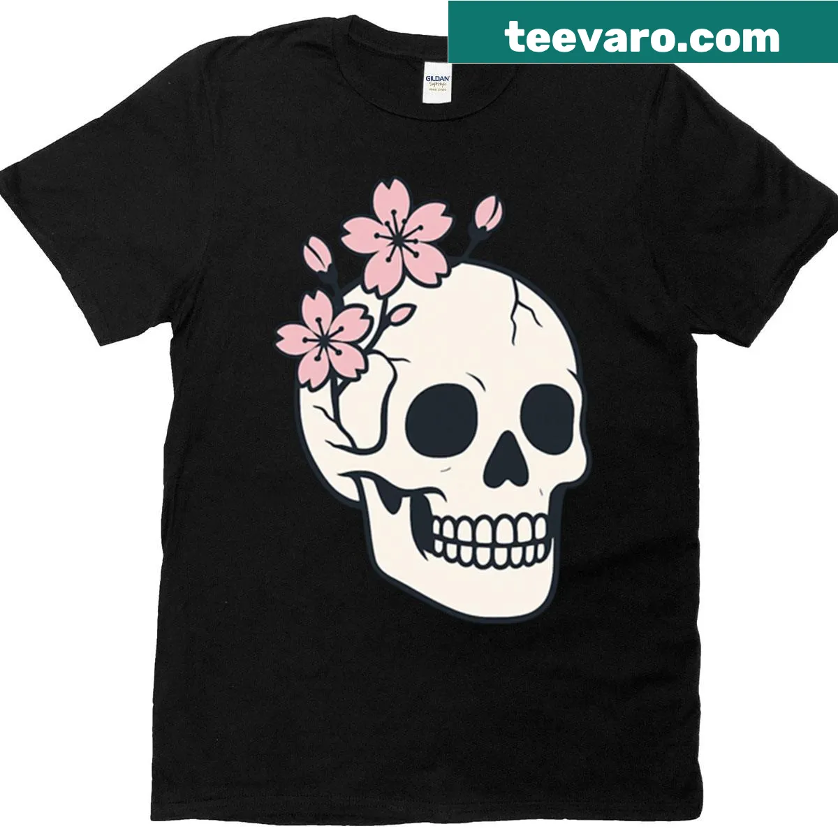T-shirt featuring a skull design with cherry blossoms — on a men's t-shirt