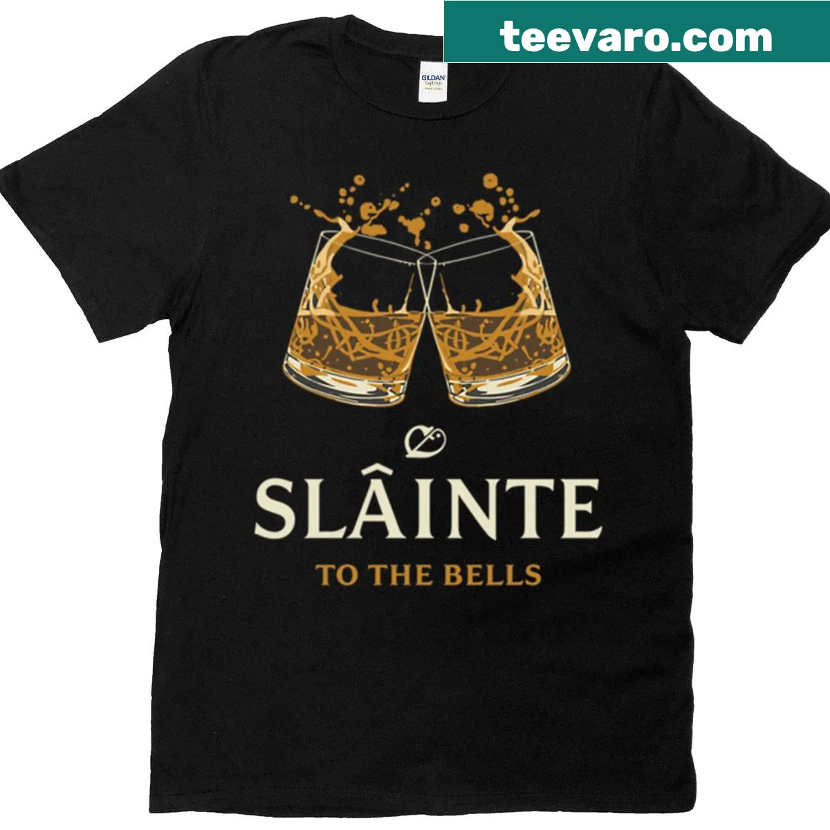 Vintage-style t-shirt with 'Slinte To The Bells' whisky-themed design. — on a men's t-shirt