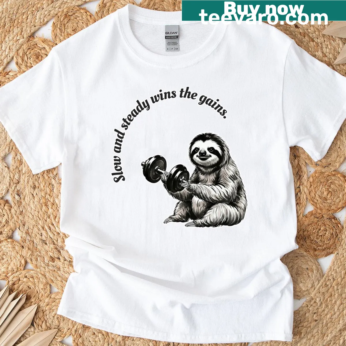 Sloth-themed gym pun t-shirt with humorous 'Slow And Steady' text — on a men's t-shirt