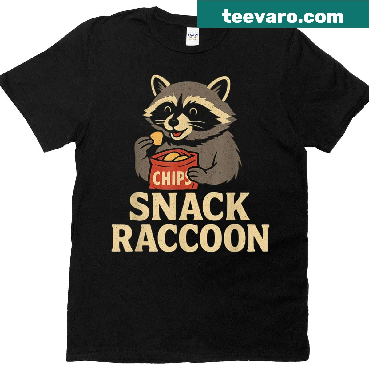 Funny cartoon raccoon eating chips t-shirt — on a men's t-shirt