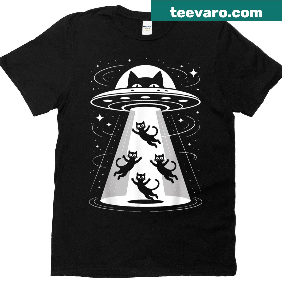 Cartoon of space cats and a UFO on T-shirt — on a men's t-shirt
