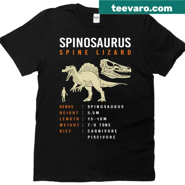 T-shirt with Spinosaurus skeleton illustration and facts