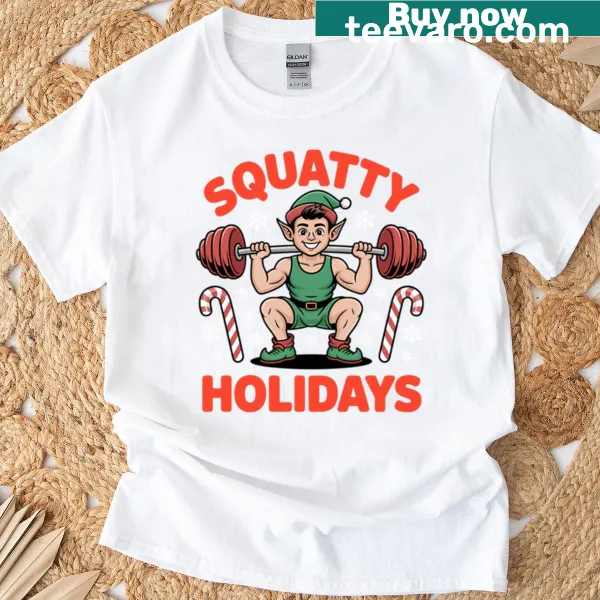 Funny Christmas T-shirt with cartoon elf for gym lovers