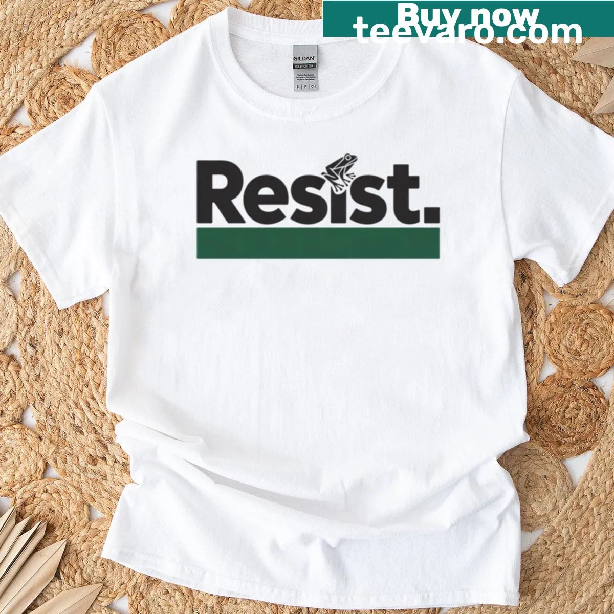 Funny frog-themed resistance T-shirt for environmental awareness — on a men's t-shirt