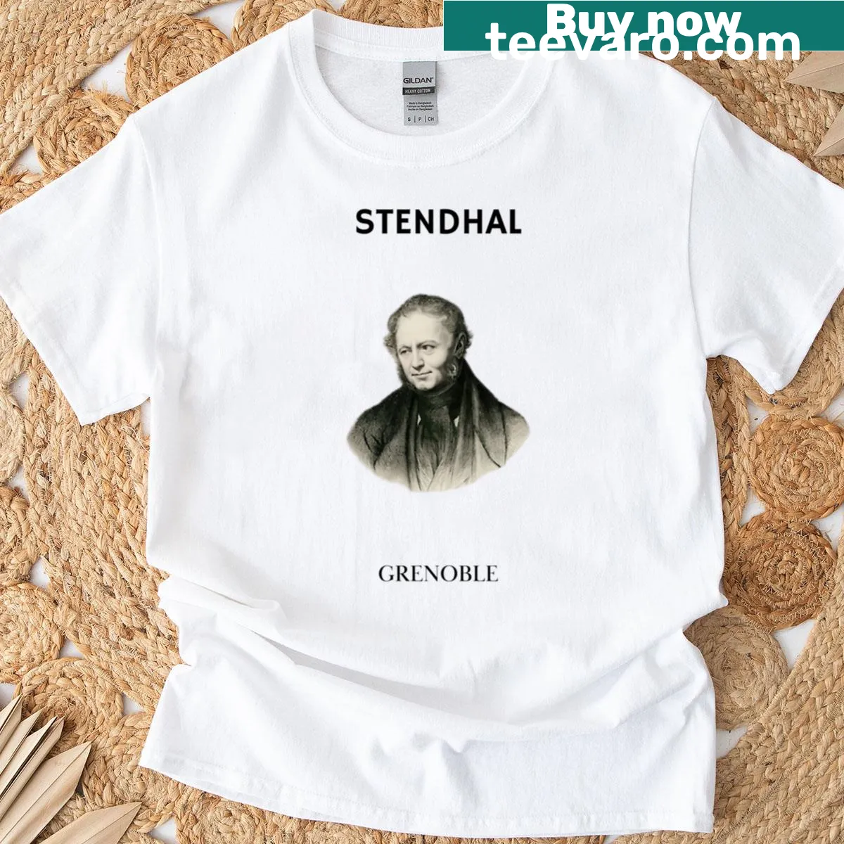 Realistic black and white portrait of Stendhal on a t-shirt — on a men's t-shirt