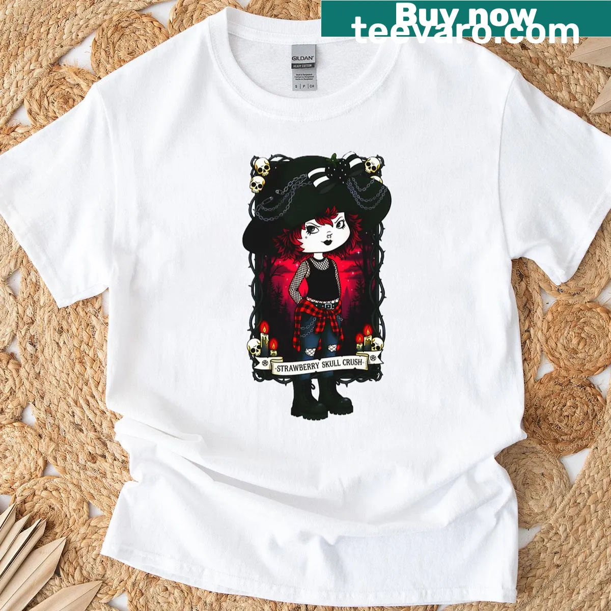 Grunge-style t-shirt with a strawberry skull graphic — on a men's t-shirt