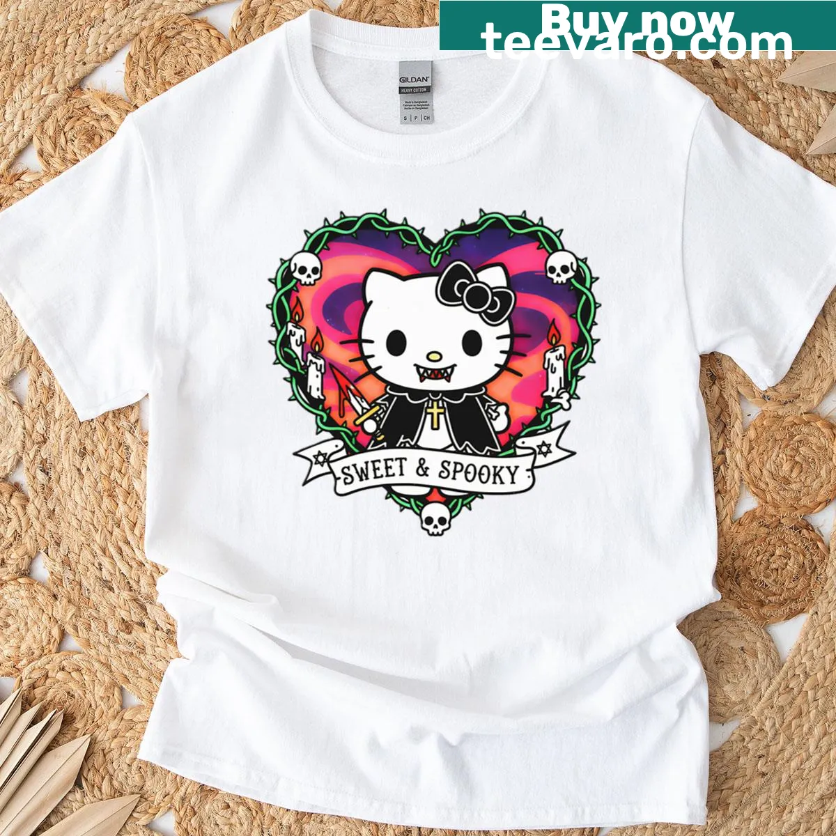 Adorable T-shirt featuring a cute spooky demon kitty graphic. — on a men's t-shirt
