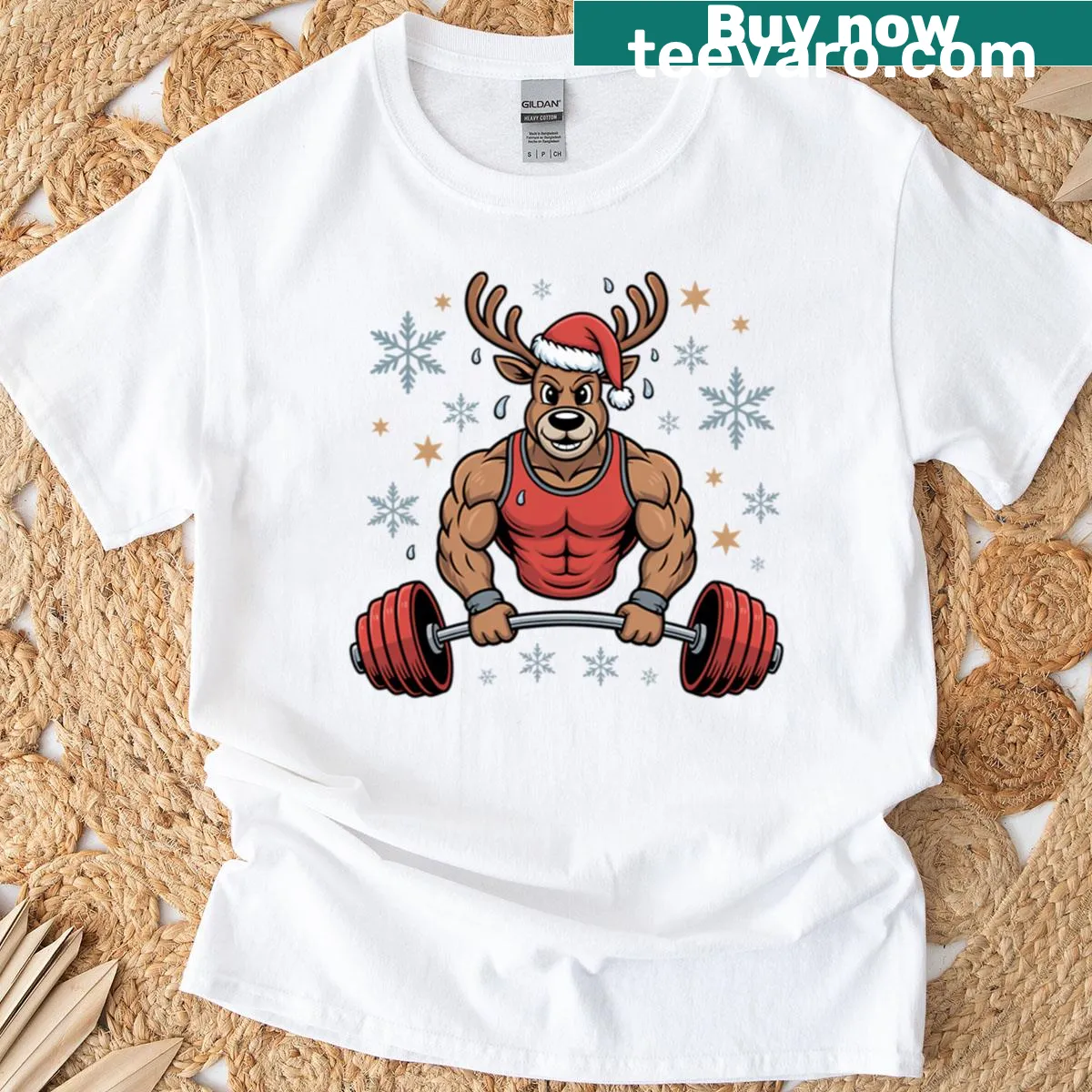 Oversized T-shirt with muscular reindeer cartoon for the holidays — on a men's t-shirt